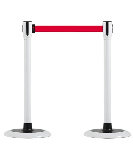 [BS-SW] Slow Retractable Belt Stanchion, Crowd Control Rope Barrier Stand, Set of 2, PEFE Coating Belt, Water Resistance, Simple & Easy Assembly, EGI Snow White (Red)
