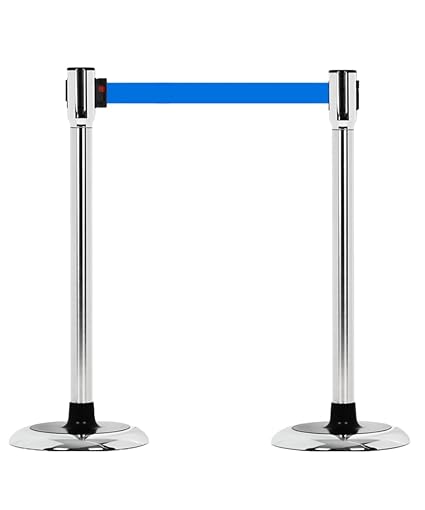 [BS-SS] Slow Retractable Belt Stanchion, Crowd Control Rope Barrier Stand, Set of 2, PEFE Coating Belt, Water Resistance, Simple & Easy Assembly, Stainless Steel(blue)